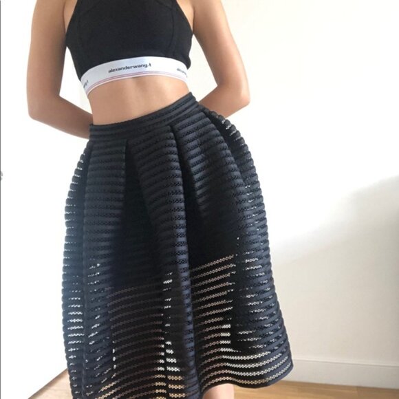 ✨ Maje Black Striped Mesh & Solid A-Line Skirt – Chic...